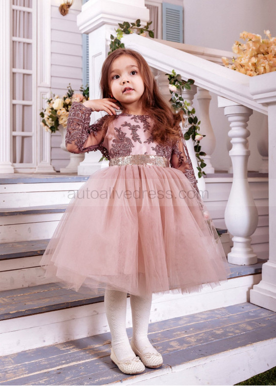 Long Sleeve Cocoa Lace Tulle Beaded Flower Girl Dress